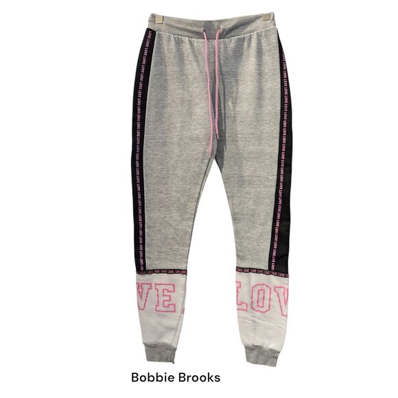 Bobbie Brooks LOVE gray, pink, white sweatpants jogger pants Sz S - Picture 1 of 10